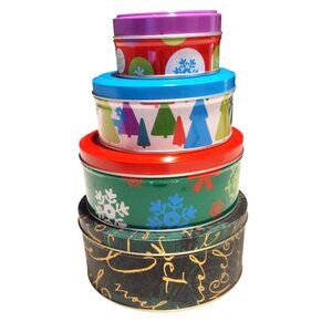 Set Of 4 Christmas Nesting Cookie Tins With Lids Multicolor Storage Gift 7"